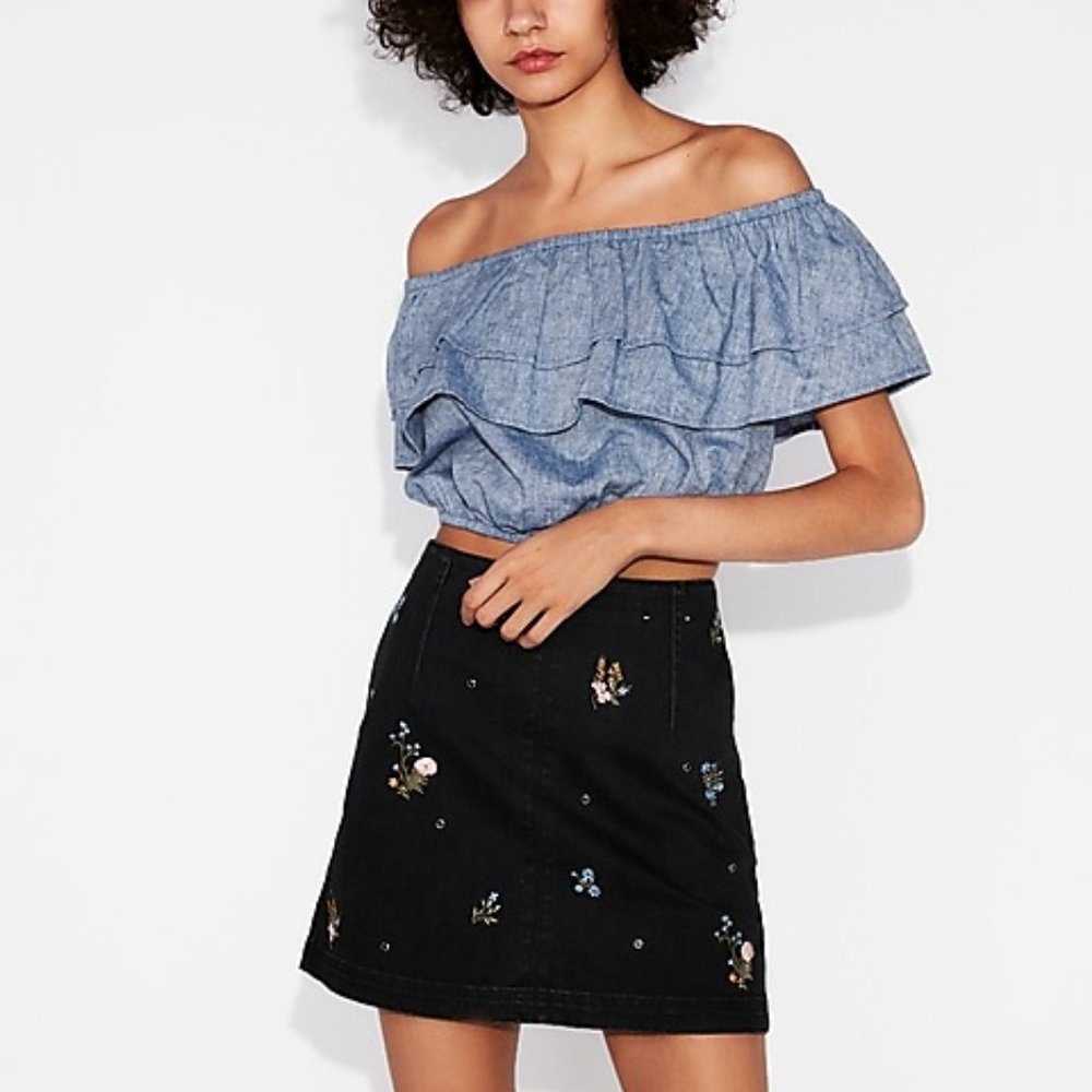 Floral Embroidered Mini Denim Skirt